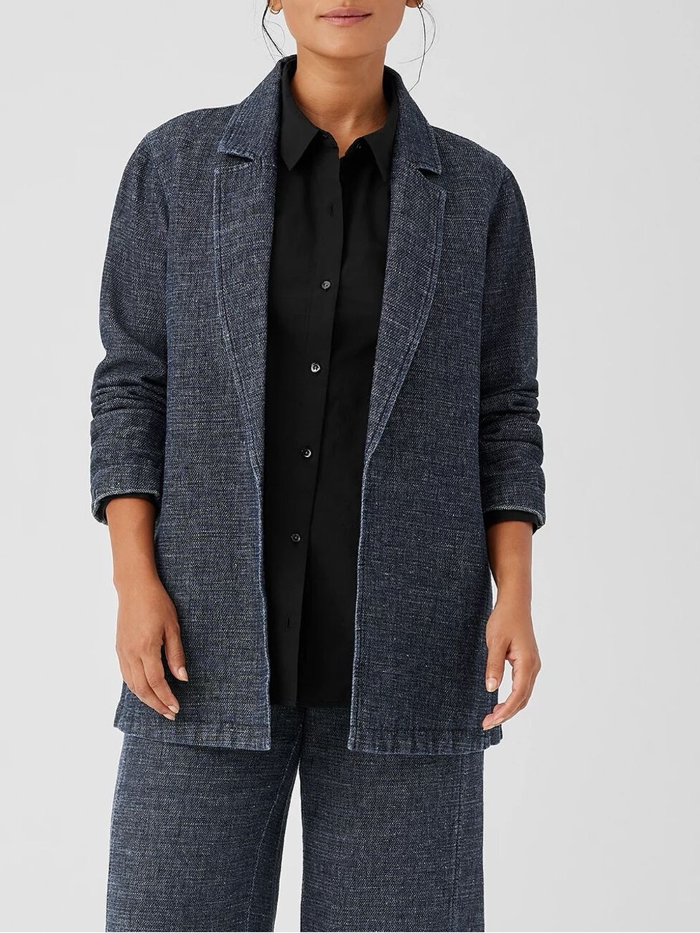 Eileen Fisher Tweedy Hemp Cotton Long Blazer In Denim Blue Women’s Size 1X